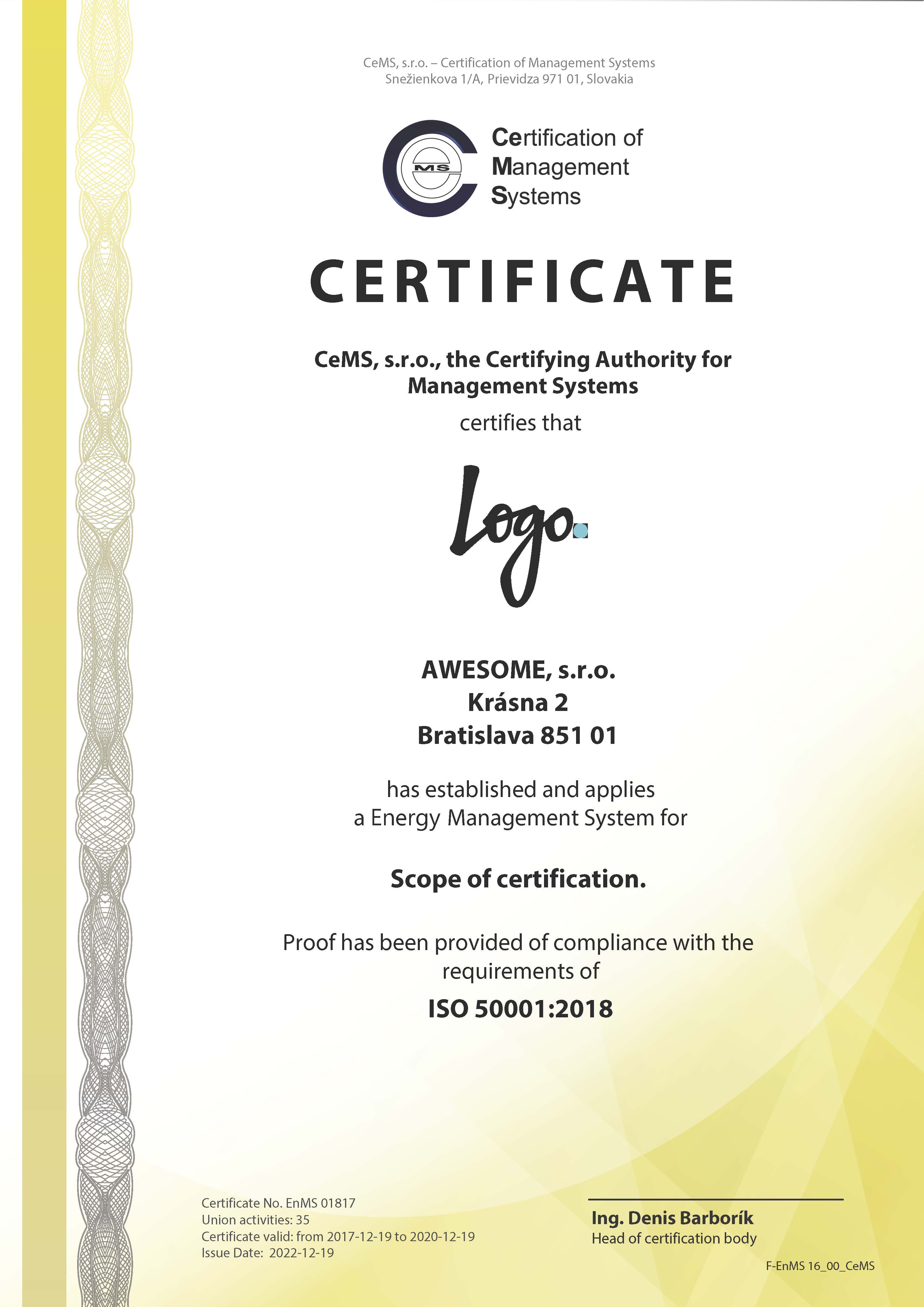 Certificate ISO 50001 by CeMS